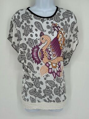 Vintage 90s Y2K Paisley Bird Top Shirt Baggy 2000s 2010 Asian Motif Retro Boho